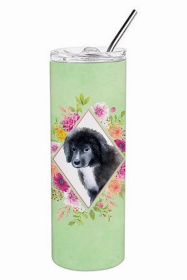 Newfoundland - Puppy Green Flowers Double Walled Stainless Steel Travel Mug