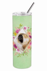 Pekingese Green Flowers Double Walled Stainless Steel Travel Mug