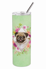 Pug - Fawn Green Flowers Double Walled Stainless Steel Travel Mug