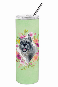 Schnauzer Green Flowers Double Walled Stainless Steel Travel Mug