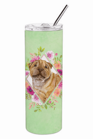 Shar Pei Green Flowers Double Walled Stainless Steel Travel Mug