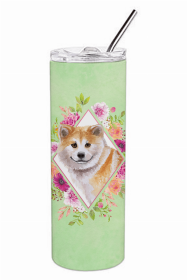 Shiba Inu Green Flowers Double Walled Stainless Steel Travel Mug