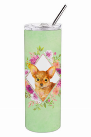 Russian Toy Terrier Green Flowers Double Walled Stainless Steel Travel Mug