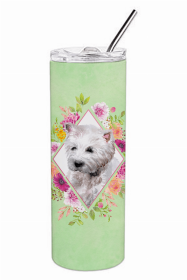 West Highland White Terrier Green Flowers Double Walled Stainless Steel Travel Mug