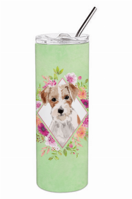 Jack Russell Terrier 1 Green Flowers Double Walled Stainless Steel Travel Mug