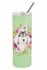 Siberian Husky Green Flowers Double Walled Stainless Steel Travel Mug