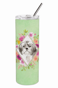 Shih Tzu - Puppy Green Flowers Double Walled Stainless Steel Travel Mug