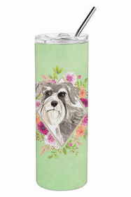 Schnauzer #1 Green Flowers Double Walled Stainless Steel Travel Mug