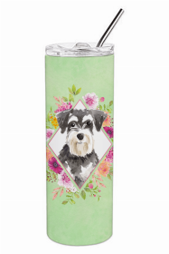 Schnauzer #2 Green Flowers Double Walled Stainless Steel Travel Mug