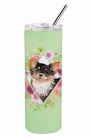 Chihuahua - Longhaired Green Flowers Double Walled Stainless Steel Travel Mug