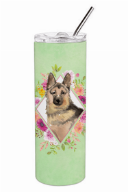 German Shepherd Green Flowers Double Walled Stainless Steel Travel Mug