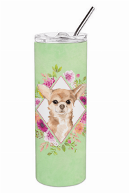 Chihuahua Green Flowers Double Walled Stainless Steel Travel Mug