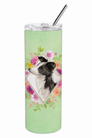 Border Collie Green Flowers Double Walled Stainless Steel Travel Mug