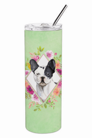 Frenchie - Black and White Green Flowers Double Walled Stainless Steel Travel Mug