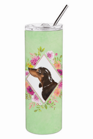 Dachshund - Black and Tan Green Flowers Double Walled Stainless Steel Travel Mug