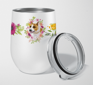 Bull Terrier 1 Pink Flowers Stainless Steel Wine Glass