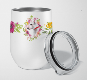 Bull Terrier Pink Flowers Stainless Steel Wine Glass