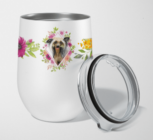 Chinese Crested Pink Flowers Stainless Steel Wine Glass