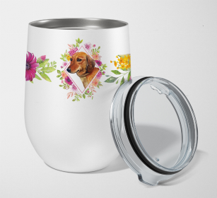 Dachshund - Red #1 Pink Flowers Stainless Steel Wine Glass