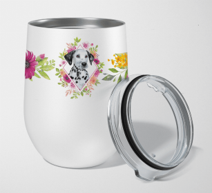 Dalmatian - Puppy Pink Flowers Stainless Steel Wine Glass