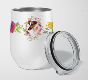 Jack Russell Terrier 1 Pink Flowers Stainless Steel Wine Glass