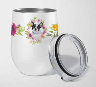 French Bulldog Pink Flowers Stainless Steel Wine Glass