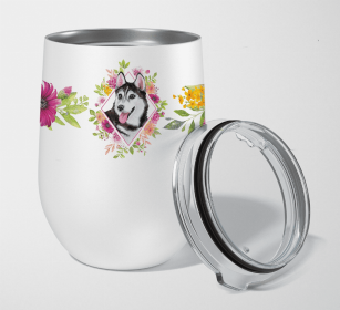 Siberian Husky #1 Pink Flowers Stainless Steel Wine Glass