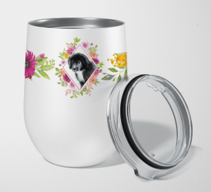 Newfoundland - Puppy Pink Flowers Stainless Steel Wine Glass