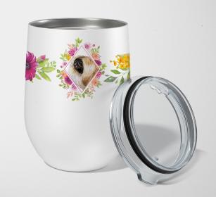 Pekingese Pink Flowers Stainless Steel Wine Glass