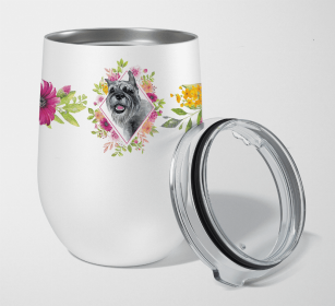 Schnauzer Pink Flowers Stainless Steel Wine Glass