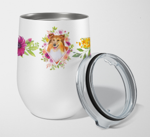 Sheltie/Shetland Sheepdog Pink Flowers Stainless Steel Wine Glass