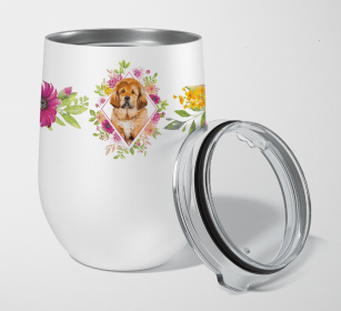 Mastiff - Tibetan - Puppy Pink Flowers Stainless Steel Wine Glass