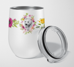 West Highland White Terrier Pink Flowers Stainless Steel Wine Glass