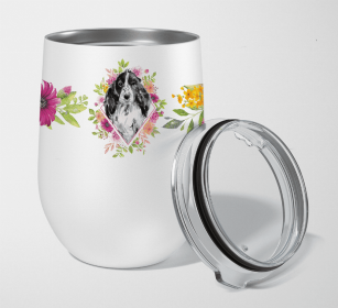 Cocker Spaniel - Black Parti Pink Flowers Stainless Steel Wine Glass