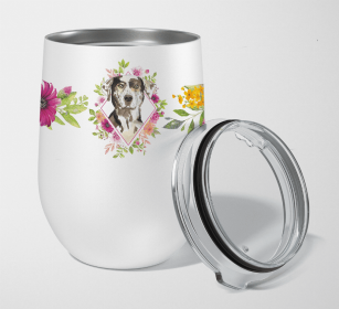 Catahoula Leopard Dog Pink Flowers Stainless Steel Wine Glass