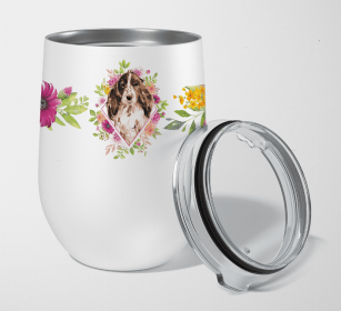 Cocker Spaniel - Brown Parti Pink Flowers Stainless Steel Wine Glass