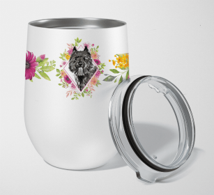 Bouvier des Flandres Pink Flowers Stainless Steel Wine Glass