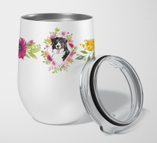 Bernese Mountain Dog 1 Pink Flowers Stainless Steel Wine Glass