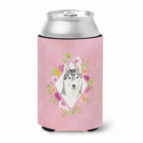 Siberian Husky Pink Flowers Portrait Can Hugger