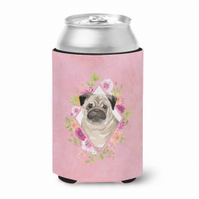 Pug - Fawn Style #2 Pink Flowers Portrait Can Hugger