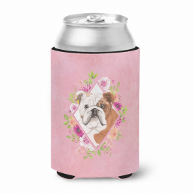 Bulldog Style #2 Pink Flowers Portrait Can Hugger