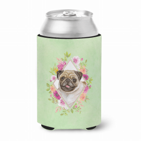 Pug Style #1 Green Flowers Portrait Can Hugger