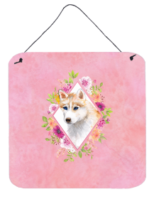 Siberian Husky - Red Flowers Design  Wall or Door Hanging Prints