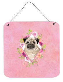 Pug - Fawn 1 Flowers Design  Wall or Door Hanging Prints