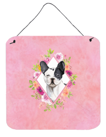 French Bulldog - Black and White Flowers Design Wall or Door Hanging Prints