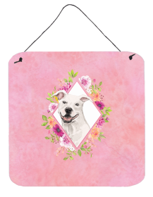 Pit Bull Terrier - White Flowers Design  Wall or Door Hanging Prints