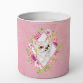 Chihuahua - Long Hair Pink Flowers 10 oz Decorative Soy Candle