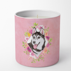 Siberian Husky #1 Pink Flowers 10 oz Decorative Soy Candle