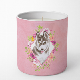 Siberian Husky #2 Pink Flowers 10 oz Decorative Soy Candle