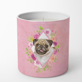 Pug - Fawn Pink Flowers  10 oz Decorative Soy Candle